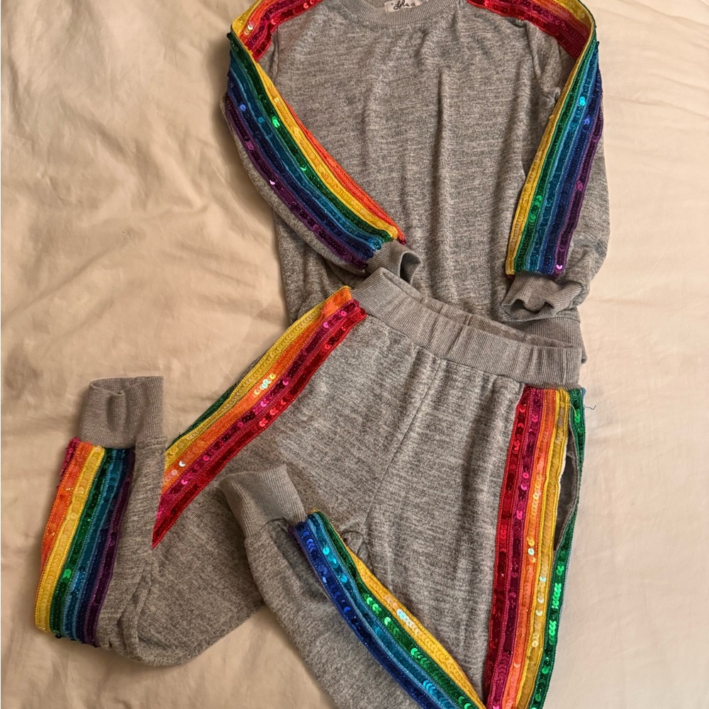 Lola + The Boys Gray Sweatpants with Rainbow Sequin Stripes